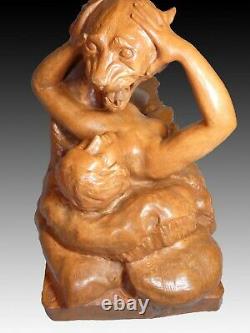 Statue Art Deco Woman On A Terracotta Lion Skin H. Rogerol 1877-1947