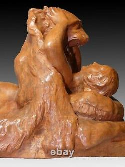 Statue Art Deco Woman On A Terracotta Lion Skin H. Rogerol 1877-1947