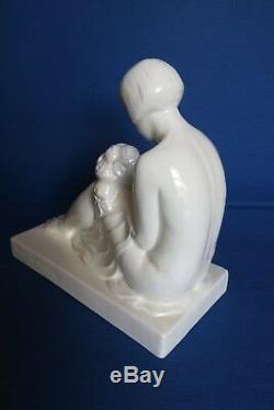 Statue Deco White Ceramic Wall Art, Woman Bouquet, Signed A. Philippe