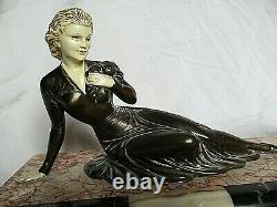 Statue In Regular And Bakelite Woman And Dog Art Deco Marble Support