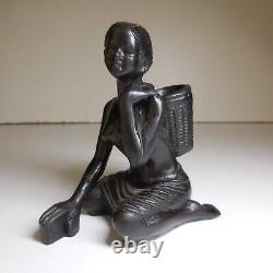Statue Sculpture Figurine Woman Basket Resin Black Vintage Art Deco N8179