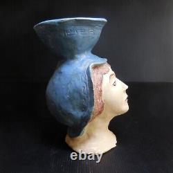 Statue Sculpture Head Woman Self-portrait Ceramic Pottery Art Deco France N7630