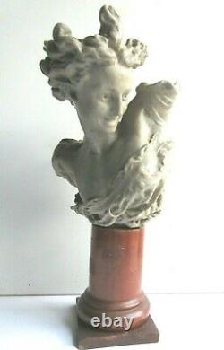 Statue, Sculpture In Grey Wax, Female Naked Breast On Wooden Column Base