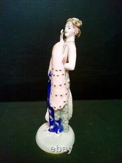 Statue Woman At Peacock Art Deco Porcelaine Sign Height 30 CM