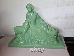 Statue Woman With An Art Deco Cracked Ceramic Deer Circa 1930