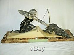 Statuette Chyselephantine Woman Archer Greyhound Marble And Regulates 1930 Art Deco
