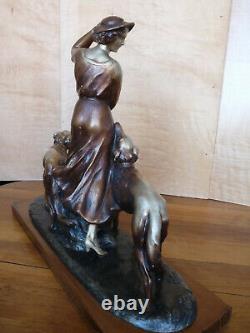 Stunning Art Deco Painted Plaster Sculpture, Young Woman With Greyhounds, Good Condition