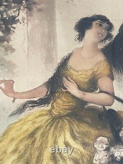 Stunning large signed watercolor engraving of an elegant young woman with a monkey Art Deco