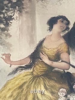 Stunning large signed watercolor engraving of an elegant young woman with a monkey Art Deco