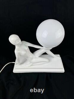 Sublime Vintage Ceramic and Opaline Lamp with Nude Woman Design 1970s Art Deco