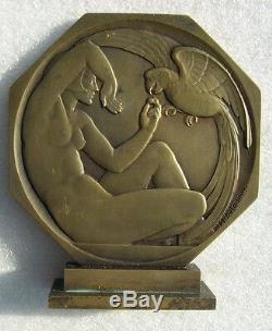 Super Great Medal Art Deco Nude Woman And Parrot 8cm Wide By Delannoy