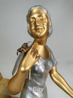 Superb Art Deco Clock Balleste Onyx & Art On Fonte Woman At Pheasant No Statue
