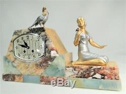 Superb Art Deco Clock Balleste Onyx & Art On Fonte Woman At Pheasant No Statue