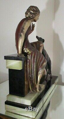 Superb Great Statue Sculpture Art Deco Young Woman And Her Dog In 1925