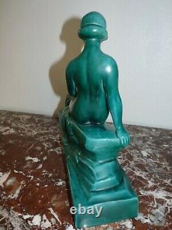 Superb Green Ceramic Art Deco Woman Nude Diane And Biche Signed L. François