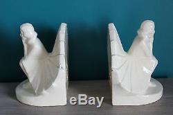 Superb Pair Bookend Earthenware Email Cracked Women Art Deco
