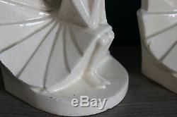 Superb Pair Bookend Earthenware Email Cracked Women Art Deco