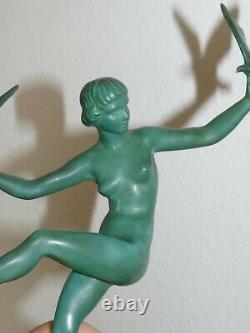 Superb Rare Sculpture Max Le Verrier Art Deco Women Naked Birds Marble Base