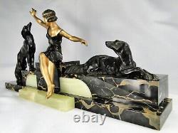 Superb Sculpture Statue R. Varnier Woman with Borzois Ep. Art Deco Marble Onyx