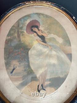 Superb large engraving signed watercolor elegant young woman & Art Deco cat