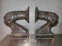 Superb pair of Art Deco 1925 bookends African Mangbetu women ebony