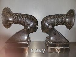 Superb pair of Art Deco 1925 bookends African Mangbetu women ebony