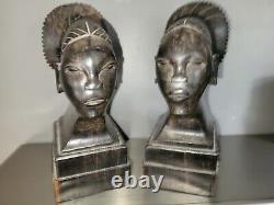 Superb pair of Art Deco 1925 bookends African Mangbetu women ebony