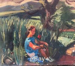 Table Oil Canvas Young Woman Landscape Tree Jean Aujame (1905-1965)