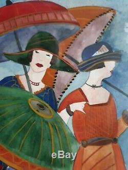 Table Watercolor Women Sunshades 1930 Art Deco Martine