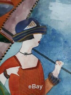 Table Watercolor Women Sunshades 1930 Art Deco Martine