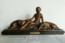 Terracotta Nude Woman With Greyhounds Signed Emile Rouff Art Deco 1930