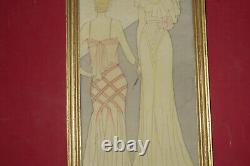Two Elegant Young Women, Painting On Silk, Early 20th Century, Art Deco