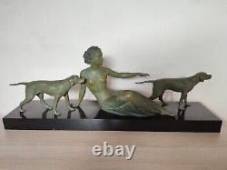 Ugo Cipriani (1887-1960) Large Art Deco Sculpture Young Woman and Her Dogs