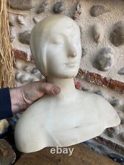 Very Beautiful Alabaster Sculpture Statue Art Deco Carved Woman Bust 1920