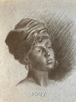 Very Beautiful Charcoal Drawing Painting Young Woman Art Deco Antique Portrait