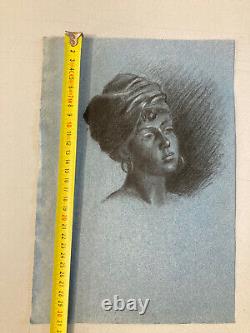 Very Beautiful Charcoal Drawing Painting Young Woman Art Deco Antique Portrait