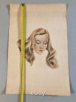 Very Beautiful Charcoal Drawing Woman Art 1950 Pin Up Pin-Up Vintage Face Blonde Head