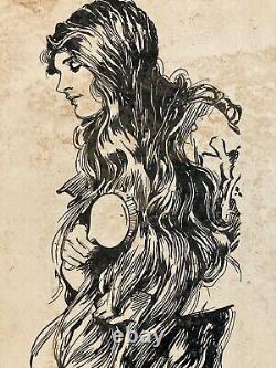 Very Beautiful Drawing 1930 Old Ink Woman with Long Hair Art Deco To Identify