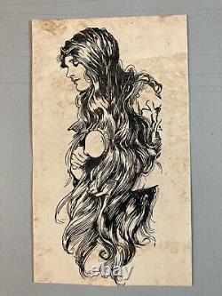 Very Beautiful Drawing 1930 Old Ink Woman with Long Hair Art Deco To Identify