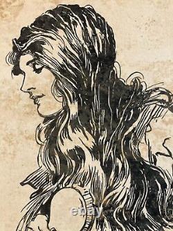 Very Beautiful Drawing 1930 Old Ink Woman with Long Hair Art Deco To Identify