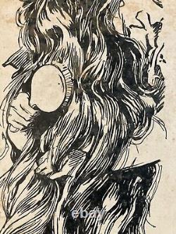 Very Beautiful Drawing 1930 Old Ink Woman with Long Hair Art Deco To Identify