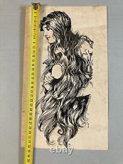 Very Beautiful Drawing 1930 Old Ink Woman with Long Hair Art Deco To Identify