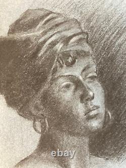 Very Beautiful Drawing Painting Charcoal Young Woman Art Deco Portrait Antique