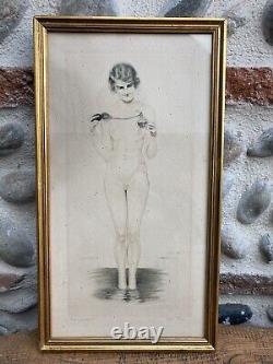 Very Beautiful Engraving NUDE Erotic Nude Drypoint Hans Leu Art Deco 1920 Naked
