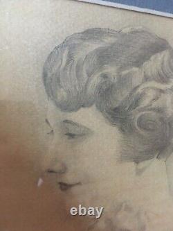 Very Beautiful Lead Pencil Drawing Art Deco Portrait of a Young Woman 1930 To Identify