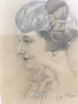 Very Beautiful Lead Pencil Drawing Art Deco Portrait of a Young Woman from 1930 to Identify