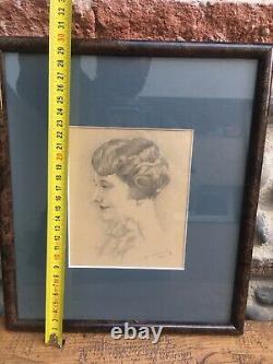 Very Beautiful Lead Pencil Drawing Art Deco Young Woman Portrait 1930 to Identify