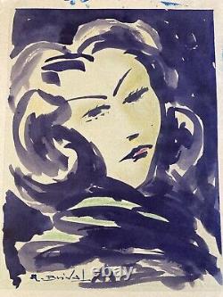 Very Beautiful Painting Alfred BRÉVAL Gouache on Paper Portrait 20th Century Purple Woman