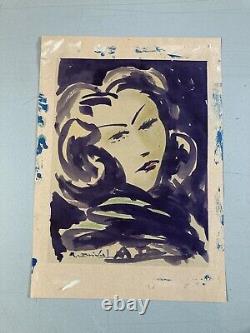 Very Beautiful Painting Alfred BRÉVAL Gouache on Paper Portrait 20th Century Purple Woman