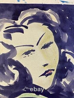 Very Beautiful Painting Alfred BRÉVAL Gouache on Paper Portrait 20th Century Purple Woman